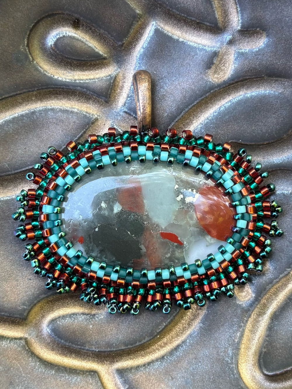 Beaded Bloodstone Semi-Precious Fringe Pendant
